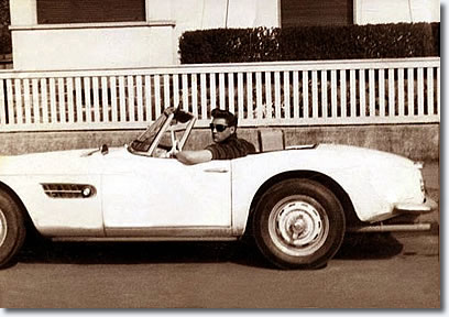 Elvis in his white BMW 507 in front Goethestraße 14, in Bad Nauheim - June 1959