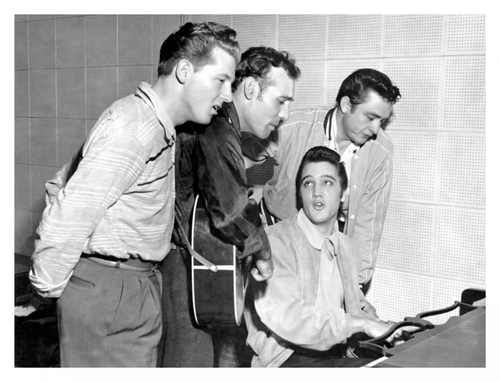 The 'Million Dollar Quartet'. Jerry Lee Lewis, Carl Perkins, Johnny Cash, Elvis Presley. December 4, 1956.