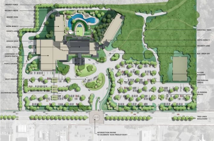 This site plan shows the proposed Guest House at Graceland's intersection paving that would celebrate Elvis Presley Boulevard. The property would keep many trees for its resort setting.