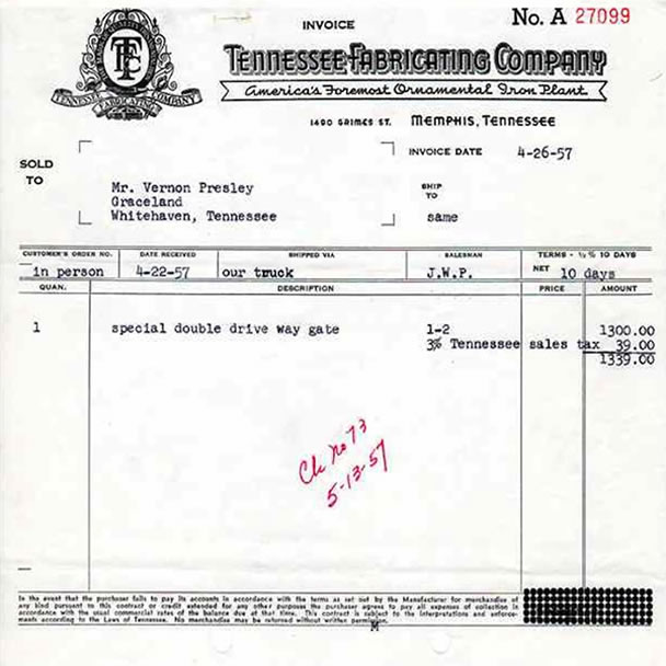 This is an invoice from Tennessee Fabricating Company for Graceland's gates.